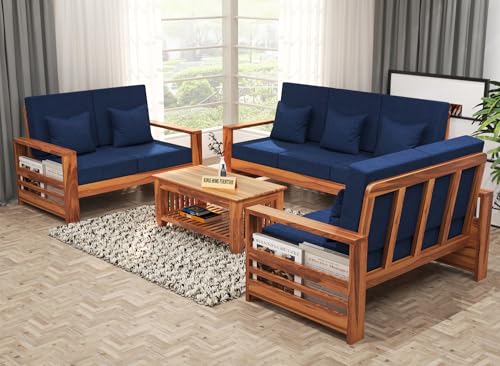 Image of Sheesham Wooden 7 Seater Sofa for Living Room | Rosewood 7 Seater Cushion Sofa with Side Rack | Solid Wood Sofa Set for Lounge (3+2+2,Honey Finish)