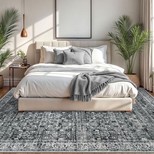 8x10 Area Rug, Vintage Floral Washable Large Moss Charcoal Rug for Living Room Non-Slip Ultra Soft Bedroom Rug Tribal Traditional Farmhouse Carpet for Dining Room Office Home Décor