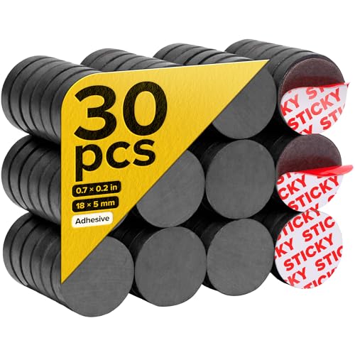 Image of Strong Ceramic Round Magnets with Adhesive Backing (0.7x0.2 /18x5mm, 30 pcs) - Heavy Duty Sticky Magnets, Non-Corrosive, Versatile for Home, Office, Workshop, Whiteboard, Fridge and Hobby Use