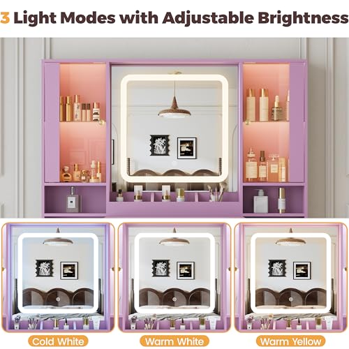 Image of BORNOON Vanity Desk with Mirror and Lights, Makeup Vanity with 7 Drawers, 2 Glass Door Cabinets, Charging Station, Adjustable Shelves, RGB Lighting, Holder
