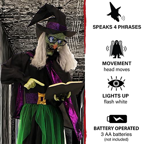 Haunted Hill Farm Life-Size Scary Talking Witch Holding Spell Book, Halloween Animatronic with Touch Activated Lights and Sound, Battery Operated Indoor or Covered Outdoor Halloween Decorations