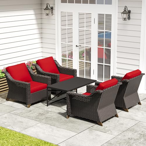 Image of 5 Piece Patio Furniture Set, Wicker Outdoor Conversation Set | Patio Chair Set with Olefin Removable Cushion, All-Weather Armchair Set with Deep Seat for Porch, Deck and Backyard, Red