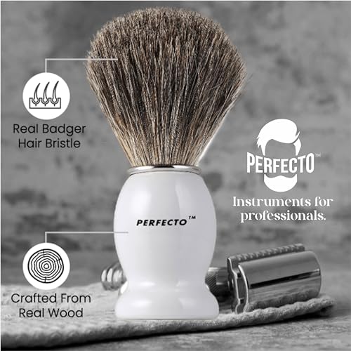 Image of Perfecto 100% Pure Badger Shaving Brush-White Handle, Gift for Dad, Engineered for the Best Shave of Your Life. For Fathers Day Gift, Safety Razor, Double Edge Razor, Straight Razor, Shaving Razor
