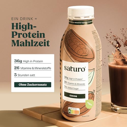 Saturo Astronautennahrung Cocoa | Trinkmahlzeit | 36 g Protein, zuckerfrei, 400 kcal | Trinknahrung Mit Wertvollen Nährstoffen | 6 x 400 ml