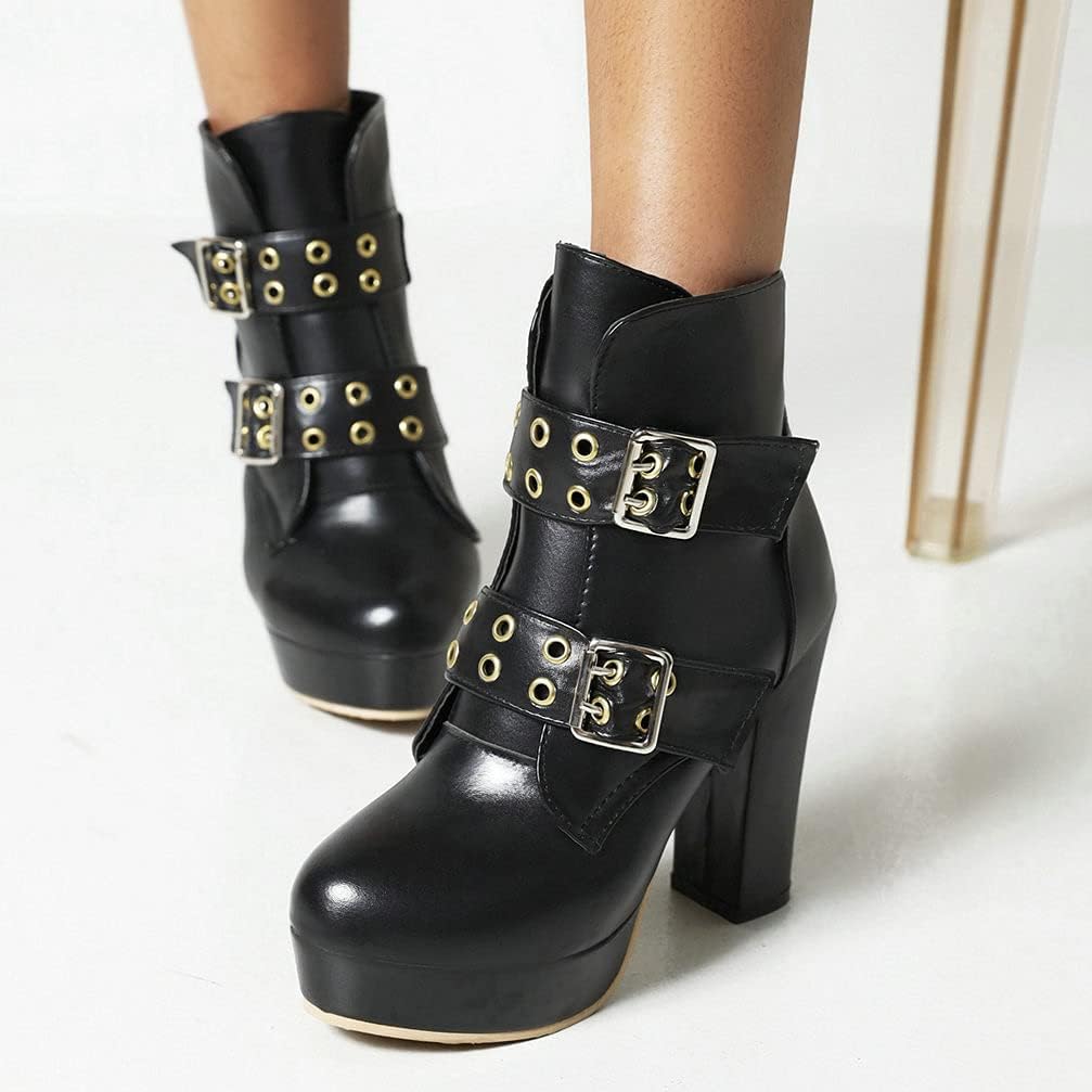 KOKOMOMO Womens Goth Buckle Platform Boots High Chunky Heeled Booties