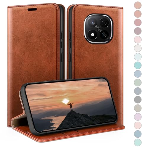 Coque Redmi Note 14 Pro 5G étui à rabat cuir portefeuille protection HUOUH brun