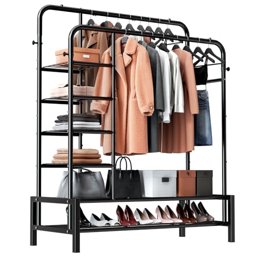 ZHKINGGS Clothes Rack, Double Rods Clothing Rack with 2 Bottom Shelves & 4 Side Shelves, Metal Garment Rack for Hanging Clothes, Heavy Duty Clothes Rack for Bedroom, Laundry, Living Room, Black