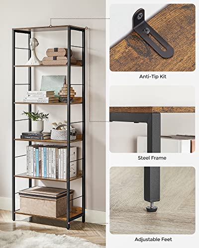 Image of VASAGLE 6-Tier Bookshelf, Bookcase for Office, 11.8 x 23.6 x 70.1 Inches, Shelving Unit, with Back Panels, Industrial Style, for Living Room, Study, Home Office, Rustic Brown and Ink Black ULLS118B01