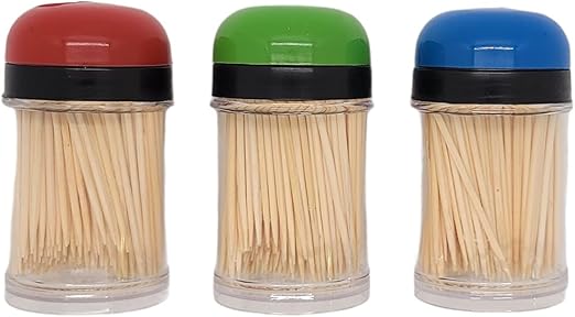 3-pack Toothpick Storage Containers with Dispenser Lids - Includes 300 Natural Wood Toothpicks (One 3-pack)