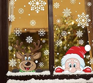 VEYLIN Christmas Window Stickers, 6 Sheet Peeping Santa & Rudolph Snowflakes Window Clings PVC Staic Stickers for Christmas Window Display