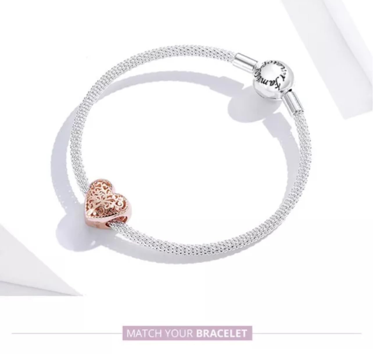 FLXHHX Abalorio de corazón de Amor con árbol genealógico de la Vida en Oro Rosa, Plata de Ley 925 auténtica, Compatible con Pulsera
