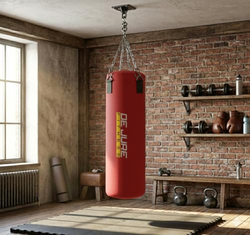 Image of De Jure Fitness Heavy Duty 4 Ft Punching Bag with Rust-Proof Stainless Steel Hanging Chain | Durable Polyester Fabric | Comfortable Recycled Filling | Boxing MMA, Kickboxing - Red, 4 Ft