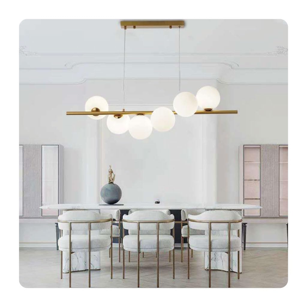 Lampadario Moderno a Sospensione, 6 Sfere Bianco Opaco, Barra Lineare Oro, Illuminazione per Sala da Pranzo cucina isola