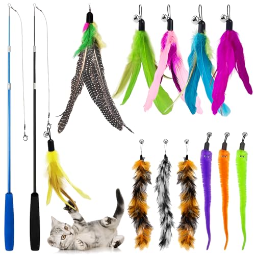 AMFUN 14 Piezas Juguete Pluma de Gato Interactivo, 2 Varitas Divertidas Retráctiles y 12 Teaser de Plumas de Repuesto, Campanilla Juguetes para Ejercitar Gatos y Gatitos