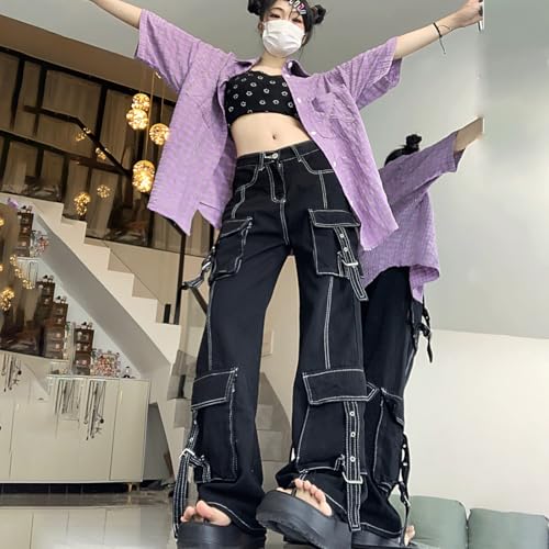 Y2K Gothic Grunge Casual High Waisted Loose Straight Wide Leg Multi Pockets Vintage Black Denim Cargo Pants3