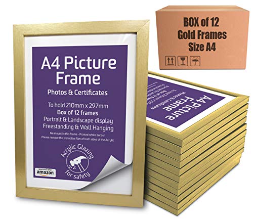 Marco de fotos tamaño A4 dorado, caja de 12 unidades, metacrilato frontal, marcos para fotos y certificados, de pie y para colgar en la pared, vertical y horizontal, 29,7 x 21 cm