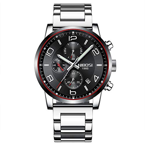 NIBOSI Chronograph Quartz Stainless Steel Mens Wrist Watch (Black Color Dial and Silver Color Strap (B08D7Q4TRB) Amazon Price History, Amazon Price Tracker