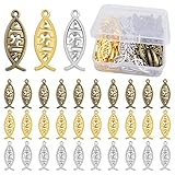 JMKTOOL 120pcs Vintage Hollow Jesus Fish Charms Tibetan Alloy Christian Fish Jesus Pendant Charms with A Plastic Box for DIY Bracelet Necklace Keychains Jewelry Making, 3 Colors