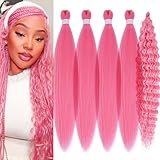 Pink Braiding Hair Pre Stretched with Boho Braids Pink Curly Deep Ocean Wave Crochet Hair Natural Color Synthetic Knotless Boho Braiding Hair for Bohemian Braids 5 Packs