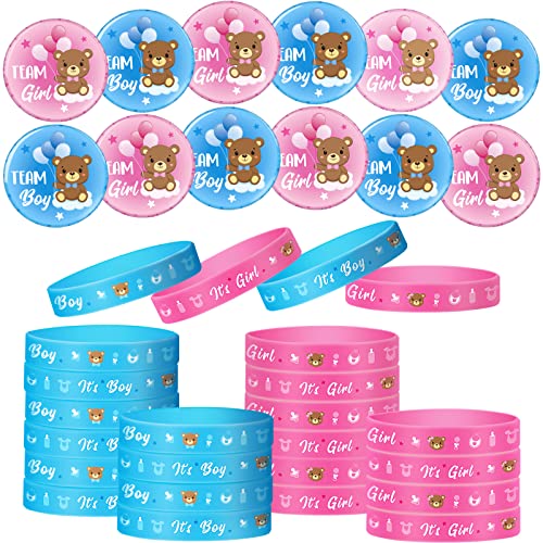48 Pièces Ensemble de Jeu de Révélation de Sexe, 24 Épingles Boutons de Révélation de Sexe 24 Bracelets en Silicone en Or Rose Team Girl Boy pour Baby Shower (Bleu, Rose, Ours) Cover