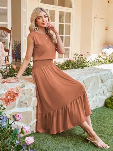 Image of Kikibell Womens Summer Dresses Cap Sleeve Elastic Waist Midi Dress with Pocket Long Causal Sundress Beach Vacation Outfits