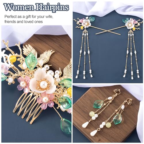 HINZIC 5PCS Pinzas para el Cabello con Cristales, Perlas y Diseño Floral Retro Estilo Hanfu Chino para Mujeres y Niñas miniatura 4