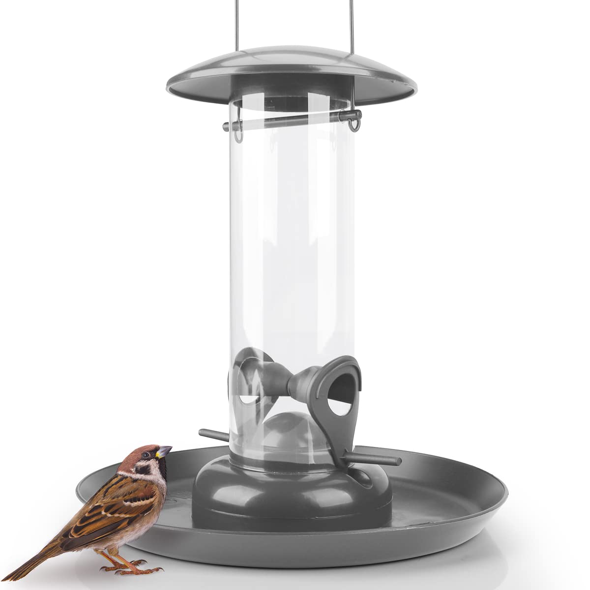 Wildlife Friend | Comedero de Semillas con Plato de alimentación XL, Color Gris – comedero para pájaros para Colgar con Campos de Entrada