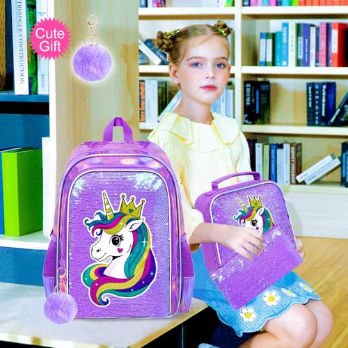 Image of CCJPX 16 inch Unicorn Backpack for Girls, 3Pcs Kids Sequin Bookbag with Lunch Box, Water Resistant Elementary School Bag for Kindergarten Preschool Toddler (Purple)