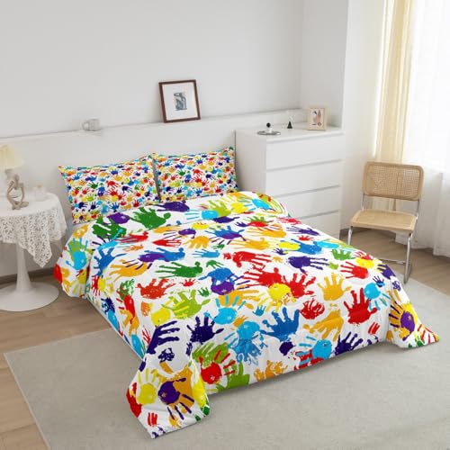 Image of Feelyou Cute Handprint Bedding Set Kids Boys Girls Watercolor Rainbow Comforter Set King Size Modern Duvet Insert Colorful Hand Shapes Abstract Decoration