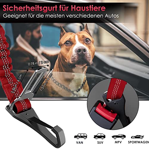 Eyein Hunde Sicherheitsgurt für Auto, Verstellbare Hundegurt fürs Auto mit Elastischer Ruckdämpfung, 3 in 1 reflektierend Hunde Anschnallgurt für alle Hunderassen & Autotypen, 90cm (Rot)
