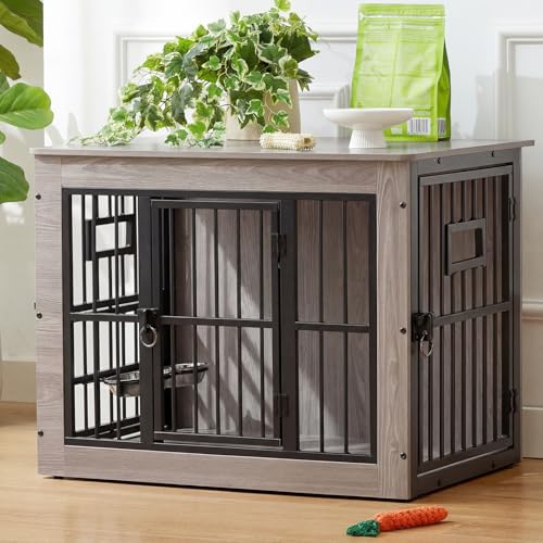 32 Inch Heavy Duty Dog Crate Furniture for Medium/Small Dogs, Decorative Pet House End Table with 3 Doors & Adjustable Bowls, Wooden Cage Kennel Furniture Indoor, Rustic Grey