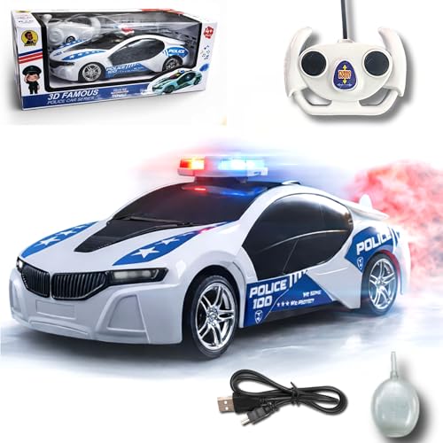 Image of SMARTBOY Remote Control Car for Kids - RC Police Smoke Racing Toy, USB Rechargeable, LED Lights Siren Sound, Mist Spray Effect, Anti Skid Rubber Tires, High Speed for Boys & Girls 4+Years (6886 Blue)