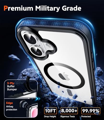 Image of FNTCASE for iPhone 16 Plus Case: Clear Magnetic Phone Cases with Screen Protector Compatible with Magsafe Slim Anti Yellowing Rugged Shockproof Protective Transparent Cell Phone Cover (B-Black)