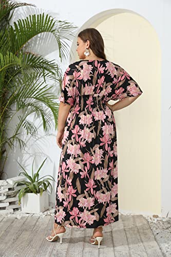 Image of OSTOO Women's Plus Size Hawaii Empire Waist Bat Short Sleeve Casual Floral Print Boho Maxi Dress