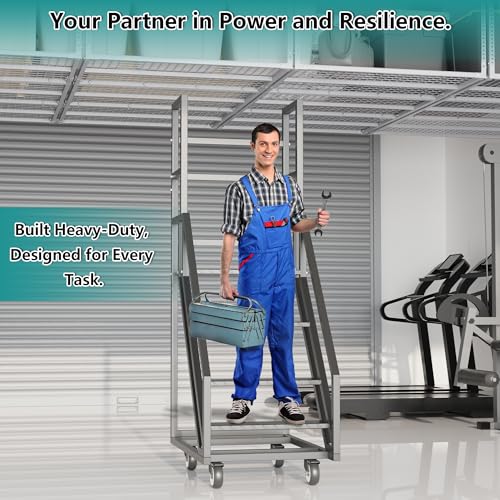 Image of 4 Step Rolling Ladder,39.3 inch W x 23.6 inch D x 78.7 inch H Handrails Anti Slip Storehouse Stair Ladder with Wheel,Movable Industrial Rolling Stairs,Suitable for Libraries Storehouse