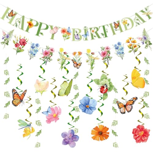 OBBOLO Flower Birthday Decorations, Garden Wildflower Party Decorations with Pre-strung Banners, Flower Themed Hanging Swirls, Birthday Decorations for Women Girl