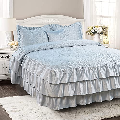 Home Soft Things 4 Piece Matte Satin Ruffle Quilted Bedspread Set 24" Drop Ruffled Style Bed Skirt Coverlets Lightweight Reversible Bedding Set Cover, King 78" X 80" + 24", Light Blue #TOP1