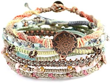 Wakami Earth Handmade Boho Bracelets Set of 7 | Braided Indie Bracelets for Women and Men | Beaded, Stackable, Handmade by Artisans, Waterproof Waxed Thread, Glass Beads, Sliding and Button Closure | DAY