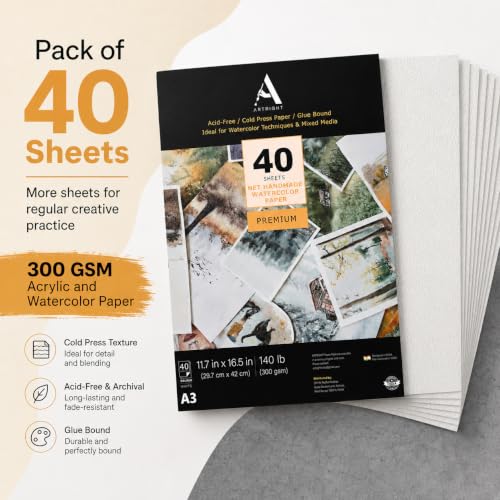 Image of ArtRight Artists' Acrylic Paper (A3 Pack of 40 Sheets, 300 GSM); 300 GSM Handmade Sheets for Gouache & Mixed Media Paintings