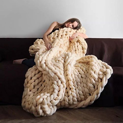 VIYEAR Chunky Knit Blanket Soft Handmade Knitting Throw for Bedroom Sofa Decor Super Large, Creamy Yellow, 40" x 40"