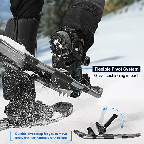 Odoland 4-in-1 Lightweight Snow Shoes Set for Men Women Youth Kids, Easy to Use Snowshoes with Trekking Poles, Waterproof Snow Leg Gaiters and Carrying Tote Bag, Bkack, Size 25''