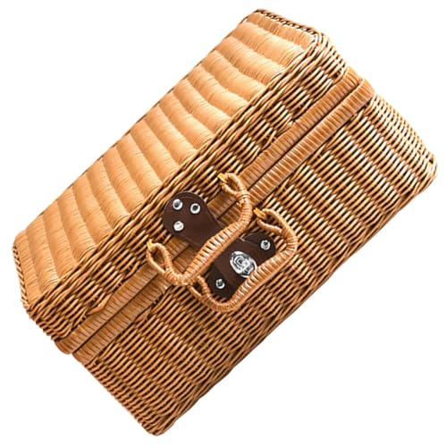 LALAFINA Caja de Almacenamiento de Imitación de Ratán Asa, Maleta Tejida Retro Tamaño Pequeño 35x24x12 Cm, Forro Interior y Gran Capacidad para Organización en Hogar y Fotografía