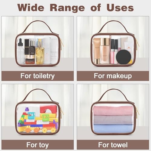 Image of Wedama Clear Toiletry Bag, 2 Pack Clear Makeup Bags with Handles, Large Travel Bags PVC Cosmetic Bag for Women and Men, Carry on Airport Airline Compliant Bag, Brown