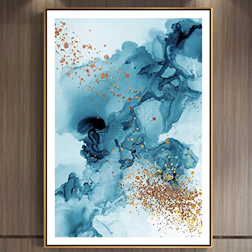 OLGKJ Moderne Simplicité De Peintures Sur Toile tableau Abstraite Modulaire Bleu Doré Or Murale Art Tableaux Pour Salon Toile tableau Art Sans Cadre
