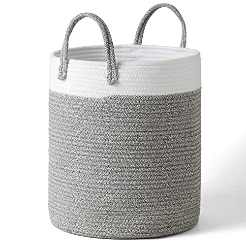 Image of LA JOLIE MUSE Woven Rope Basket Hamper, Tall Cotton Laundry Basket 16 x 14 x 14 Inches, Clothes Blanket Storage Baskets for Living Room Nursery Bedroom Bathroom, White & Gray