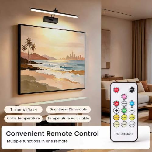 Yuichoy 2 Pack Picture Lights for Wall Battery Operated, 16 inch Wireless Art Lighting for Painting, 6 Colors Picture Frame Lights with Remote, Dimmable 5200mAh Gallery Light, Black