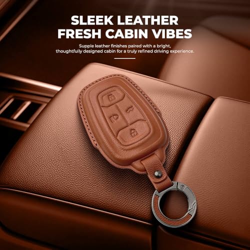 Image of Keyzone Premium Leather Key Cover & AC Vent Car Perfume Combo (4 Fragrances) | Compatible for Tata Nexon, Harrier, Safari, Altroz, Punch, Tigor 4 Button Smart Key. (Brown)