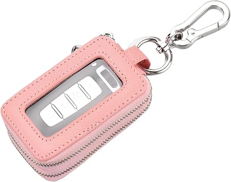 BELOMI Car Key Fob Case, Genuine Leather Remote Keychain Bag with Lanyard and Zipper Closure, Key Protection Cover for Men Women Pink