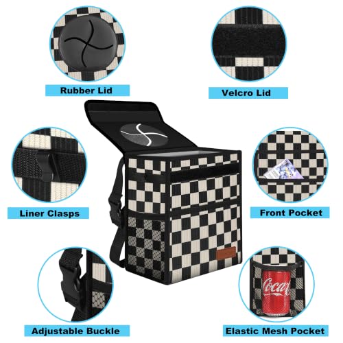 Image of Femuar Leak Proof Car Trash Can with Lid, Collapsible Hanging Waterproof Car Trash Bag with Mesh Pocket for SUV Front Seat Headrest, Large /Black White Plaid