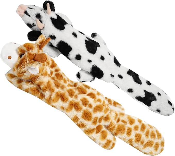 Nocciola 2 Pack Crinkle Quietsch-Hundespielzeug mit Lanlebigem Stoff, Unzerstörbares Plüschspielzeug, Hundespielzeug Set ohne Füllung, für Welpen, Kleine bis Große Hunde (Kuh & Hirsch)